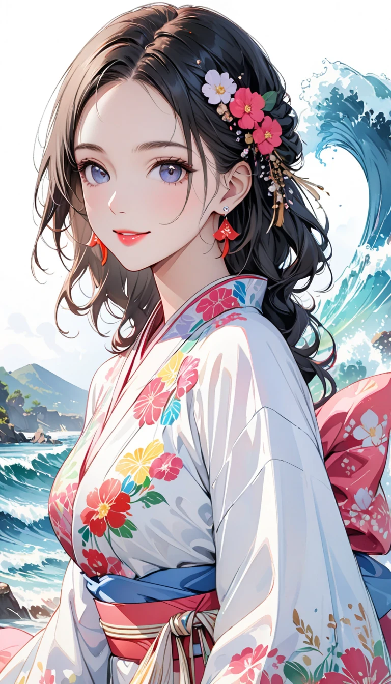intense watercolor, Attractive Women in Fancy Clothes, Young single woman, Illustration of posing in front of a bright and vivid background, pretty pink lips , staring at the audience and smiling , shaped , perfect face, perfect body, balanced style, earrings, upper body portrait, Long black hair with waves, Kimono dress with colorful floral patterns on white fabric, Perfect drawing composition, Open the top slightly, upper body portrait, Placed in the center of the area, (masterpiece, Highest Quality, 8k, high resolution), highly detailed illustration art including a background,