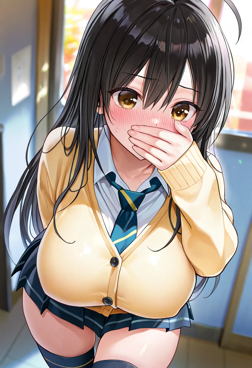 ((solo)), open mouth, covering mouth, maximum masterpiece, amazing quality, absurdres extremely, HDR, highles, vivid colors, flawless smooth skin, very cute face, very cute girl, long hair, large breast, ahoge, black hair, yellow cardigan, collared shirt, necktie, pleats skirt, thigh-high socks, embarrassed, blush