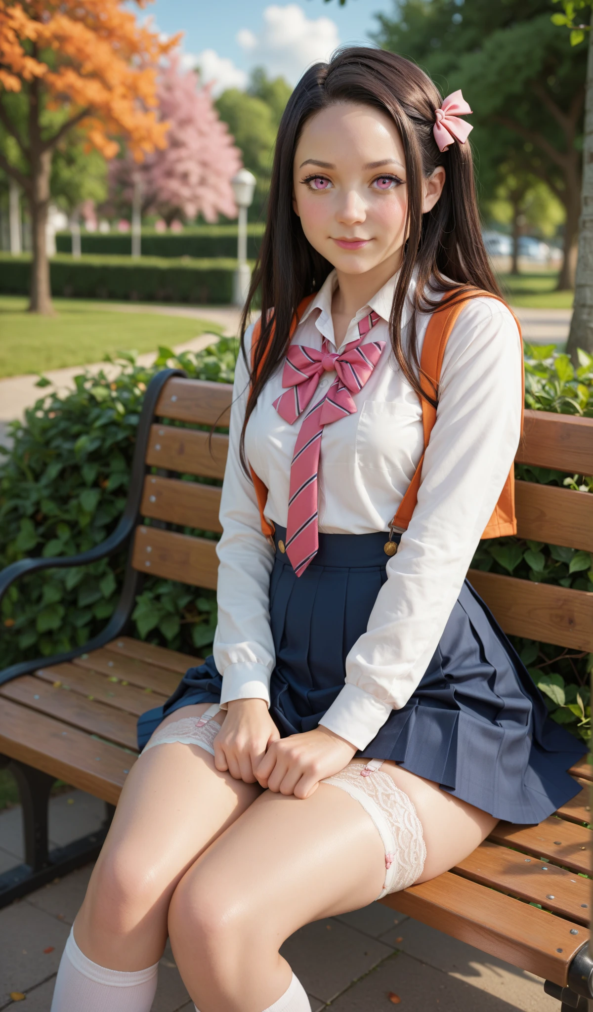 (8k), (Highest quality: 1.2), (Realistic), (Realistic: 1.37), Ultra-high resolution, 1 girl, cute, (A shy smile:1.2), (blush:1.4),Mouth closed, Beautiful details, Beautiful Nose, ponytail, Giant Dulcefo, pork, Thighs,Navel exposed,University uniform,A simple blazer,Pleated skirt,(The skirt and tie are tartan checked..:1.3),Platform boots, (sitting on a park bench:1.2),(Shiny Thighs:1.2), Medium Shot