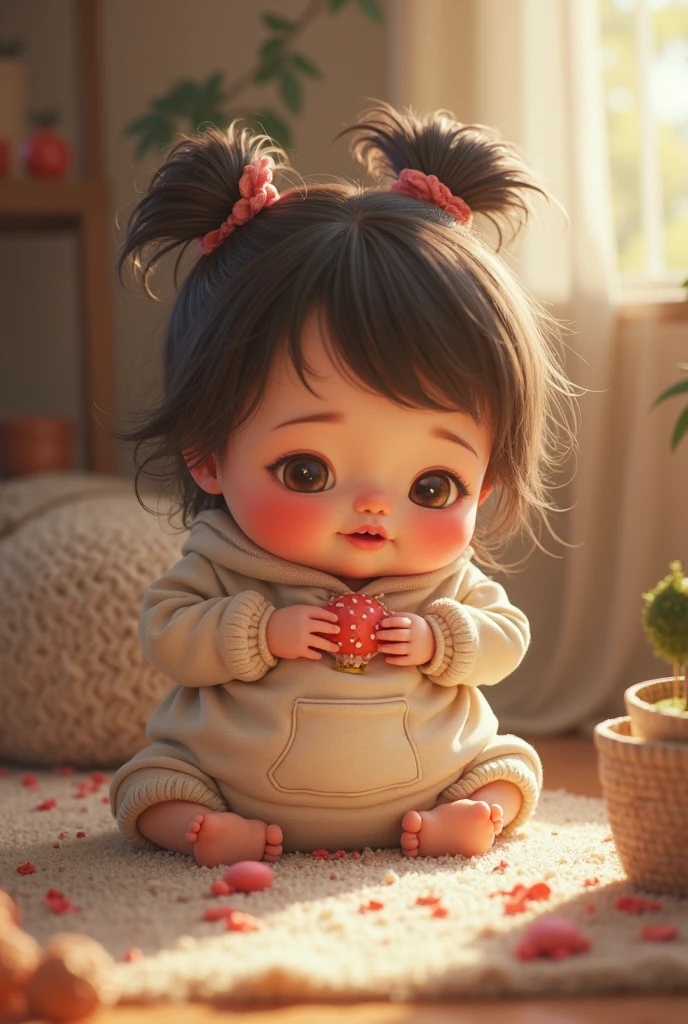 A small child is sitting in a body suit with a watermelon pattern, with a watermelon between the child's legs