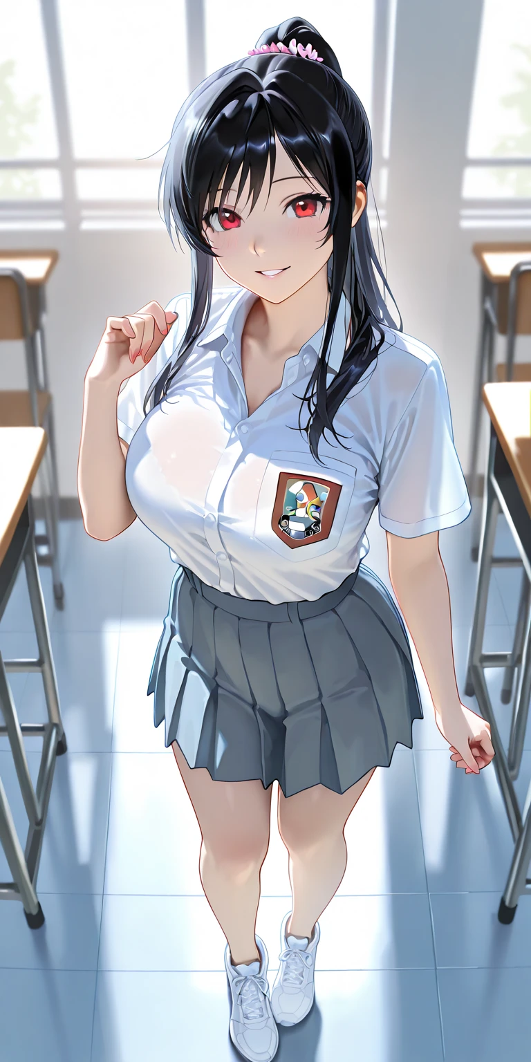 Girl, (long black hair, french-braid hairstyle), sexy body, black eyes, Indonesian high-school uniform, (neck tie, long white socks, white shoes), osis logo on shirt pocket, (huge breasts: 1.4), light-grey pleated skirt, full body shot, smiling, in the classroom, high quality, high resolution, very detailed, taking a selfie photo, full body, (close up shot)