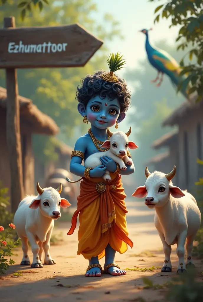 little blue krishna face straight to screen and holding a cow baby with his hand and standing in a village.Village name EZHUMATTOOR is highlighted in road sign board. There are some baby cows and peacock birds nearby