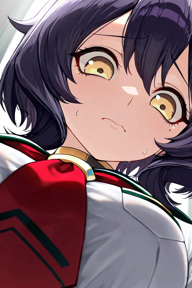 One girl,Black Hair,Pink eyes,(blush:1.1)、Embarrassed face、 ((Heavy breathing:1.3)), like, smile、Big Breasts、whole body,I'm eating ice cream,Sexy pose