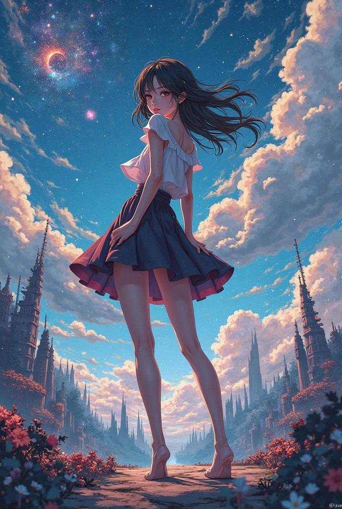 anime girl standing on a rock looking at a star filled sky, makoto shinkai cyril rolando, anime art wallpaper 4k, anime art wallpaper 4 k, anime art wallpaper 8 k, cosmic skies. by makoto shinkai, inspired by Cyril Rolando, in the style dan mumford artwork, amazing wallpaper, by Yuumei