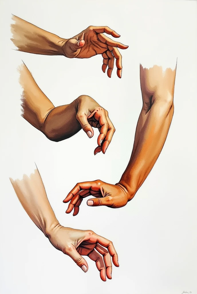 only hands, varios sketch of hand, hand in focus, hand im various poses, pose of hands, only hands, simple background, unique color background
