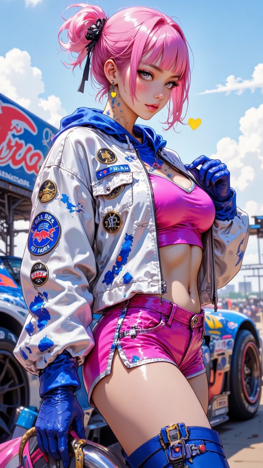 ,margot robbie、Harley Quinn(Suicide Squad)、big boob, Toothy Smile、white face tattoo, Sexy Body、white t-shirt ,Stained T-shirts, pink, blue,,red jacket, red panty,punk style, on car roof,  road bangkok Thailand, ,spread legs with panty, stream punk, 