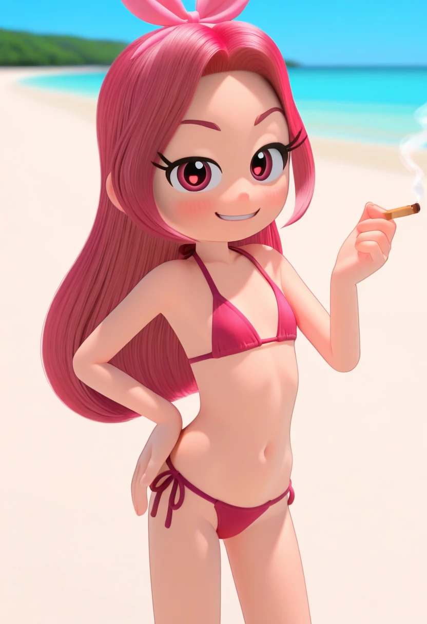 Luciagta62023, 1 garota, 8K, UHD, trends on artstation, arte premiada, melhor qualidade, Obra de arte, Fotorrealista, imagem bruta, wearing pink micro bikini, rabo de cavalo, Latina grossa, Nova Iorque, Sorriso fofo