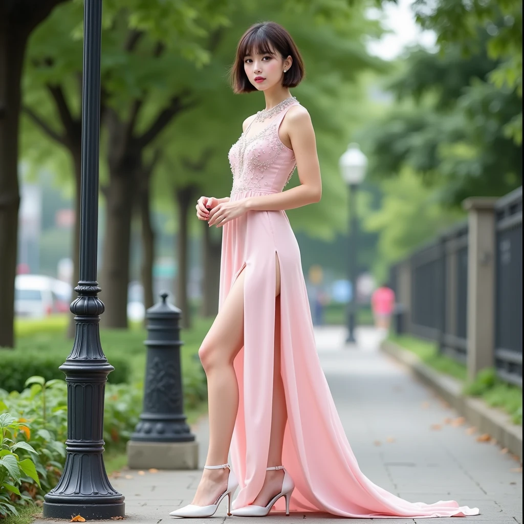 (((masterpiece))), (((Highest quality: 1.4))), ((Super detailed: 1.4)) ,　beautiful girl, Brown eyes, Beautiful 18 year old girl, hair color [Brown highlights hair], [Undercut Pixie] hair, short hair, lips, Realistic, Tight waist, Charm, pink lipstick, Colorful Makeup, Long eyelashes, Fair skin, (cute), (Detailed face), Fine grain, Detailed Iris,  Grin, (Prom Dresses, Ultra-realistic pantyhose), ((Full Body Shot:1.3))