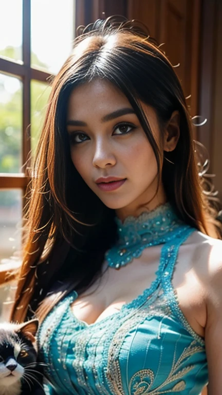 Indian female model janvi kapoor, look at viewer, French braid hair , flower Halter Dress, cleavage,  garden landscape design, (rim light), dark red lips, big natural lips
