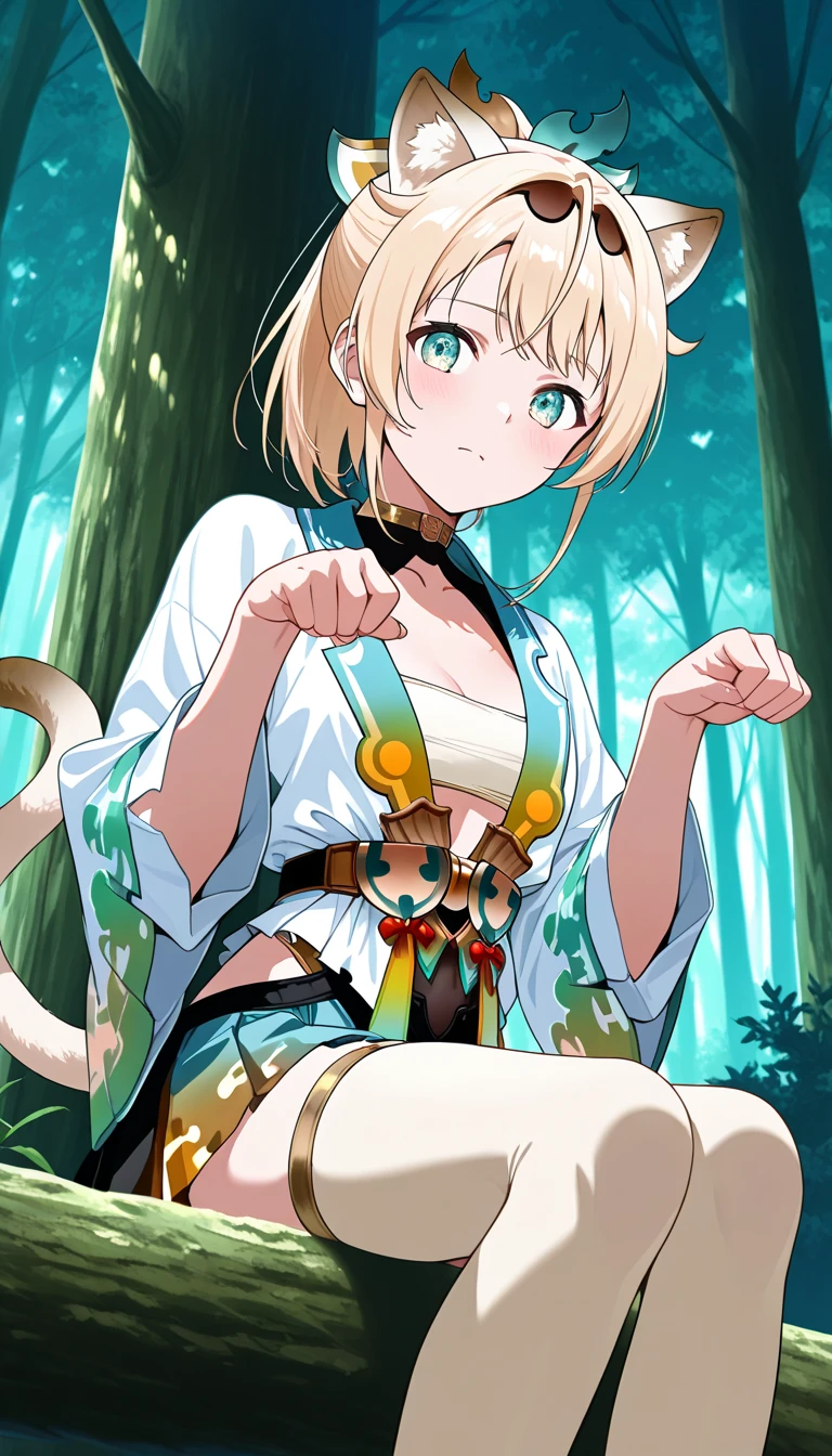 (8Kmasterpiece,highest quality:1.4),Ultra-high resolution,(masterpiece:1.4),hyper detail 
BREAK (1 girl),Beautiful Face,(dark blue eyes),(Sleepy eyes:1.4),(Thick eyeliner:1.3),Beautiful and delicate eyes,(Thin and long eyelashes:1.3),artistic makeup 
BREAK (white hair),(blunt bangs:1.3),(short ponytail hair)
BREAK (shy),(smug:1.3),(condescend laugh:1.3),open mouth,(close eyes) BREAK (slender body),(big breasts:1.3),(big thights),big ass
BREAK (body painting of tiger stripe:1.45),nude
BREAK (on one knee:1.3),(paw pose:1.3)
BREAK (forest:1.3),(outside:1.2),ray of sunbeams,breeze
BREAK depth of written boundary,Amazing panoramic views,(looking viewer:1.4),(Vignette Light:1.2),shot from above,(shot from front),(extreme close up1.2),(focus face:1.2),focus breasts,cowboy shot