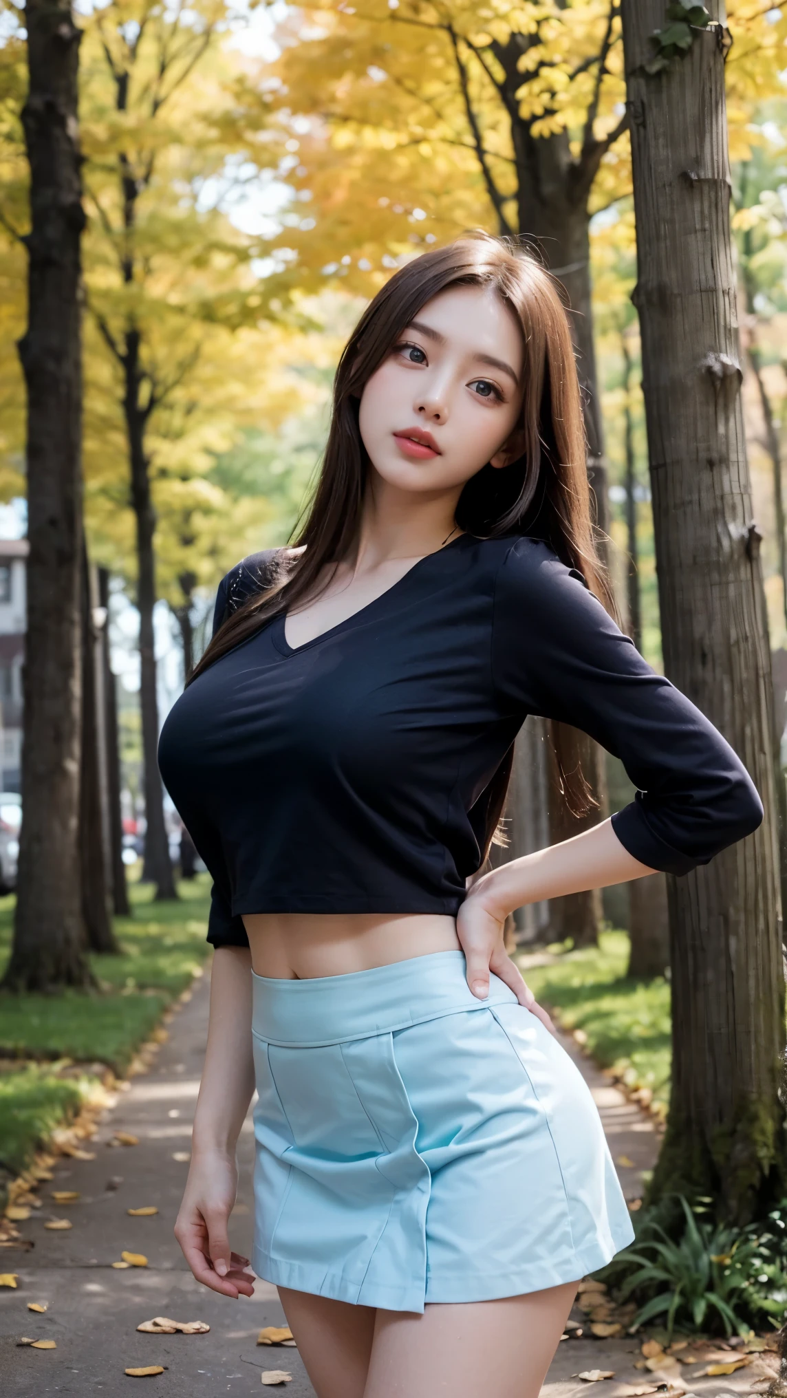 masterpiece, gothic aesthetic, dream atmosphere, Ultra realistic, red-haired girl, seductive leaning forward detailed skin, pale-white (highlighted) skin, ultra realistic, 16k, high quality, picture-perfect, flawless, clean, masterpiece, professional artwork, detailed artwork, cinematic lighting, cinematic bloom, realistic shading, (long red hair)),(1girl, beautiful korean girl),perfect face, (young:1.1),((fit figure)),((25 year old)), beautiful face, beautiful turquoise-blue eyes (cute eyes look), detail eyes, detail face, (((perfect female body, narrow waist))),(large breasts:1.3)lora:GoodHands-beta2:1>, , ((girl standing)),upper body, small natural breasts, black shirt and jeans skirt clothing (realistic texture), blade to side, strike pose,blade down,blade right hand,, gothic garden,, blurred background (masterpiece, best quality, high quality, highres, ultra-detailed), different poses at different angles.