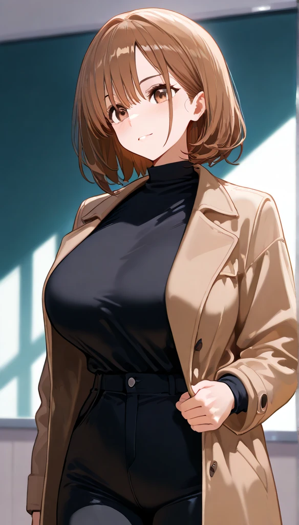 1girl, solo, brown hair, medium hair, hairclip, brown eyes, choker, schooul outfit with jacket, light skirt, large breasts, lustful face, fair skin