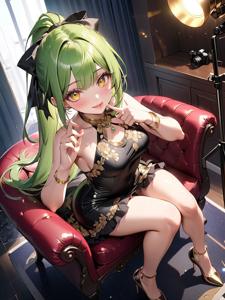 Best quality, green hair, small breasts, cleavage, navel, t-shirt, ((bra)),clothes lift, skirt, lying, full Body, perfect body ,sitting, armpit
