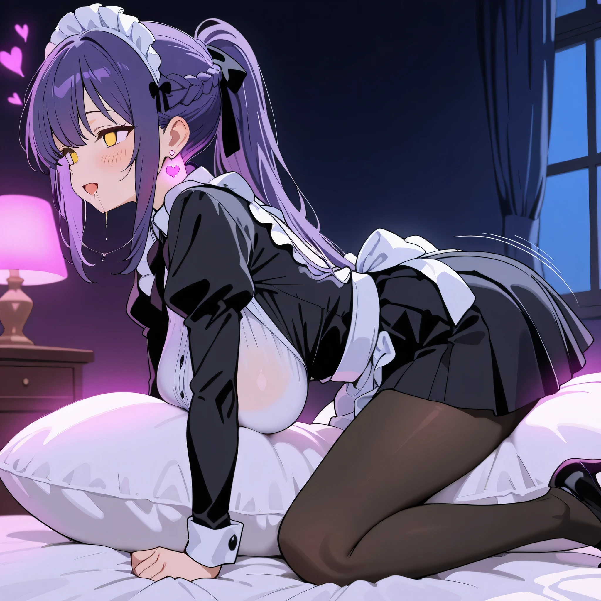 score_9, score_8_up, score_7_up, 1girl, sole female, only female, from front-side, (top quality, 8k), high resolution, smooth, best quality, highly detailed, bedroom at night, in bed, purple light, (dark room), large breasts, glowing hypnotic waves in the background, at night, masterpiece, high quality, absurd resolution, blush, happy, glowing yellow eyes, empty eyes, orgasm face, bliss, orgasm, humping pillow, orgasm, maid, maid outfit, taut clothing, see-thru silhouette, boob tent, black pleated skirt, black pantyhose, high heels, breast focus, hanging breasts, jewelry, earrings, very long hair, purple hair, purple eyes, sidelocks, ponytail, french braid, maid headdress, black ribbon, very thin legs, long legs, black pantyhose, saliva trail, drooling, a lot of saliva, humping pillow, pillow between legs, motion lines, girl on top of pillow, cowgirl position, glowing hearts, hands on bed, all fours, hanging breasts