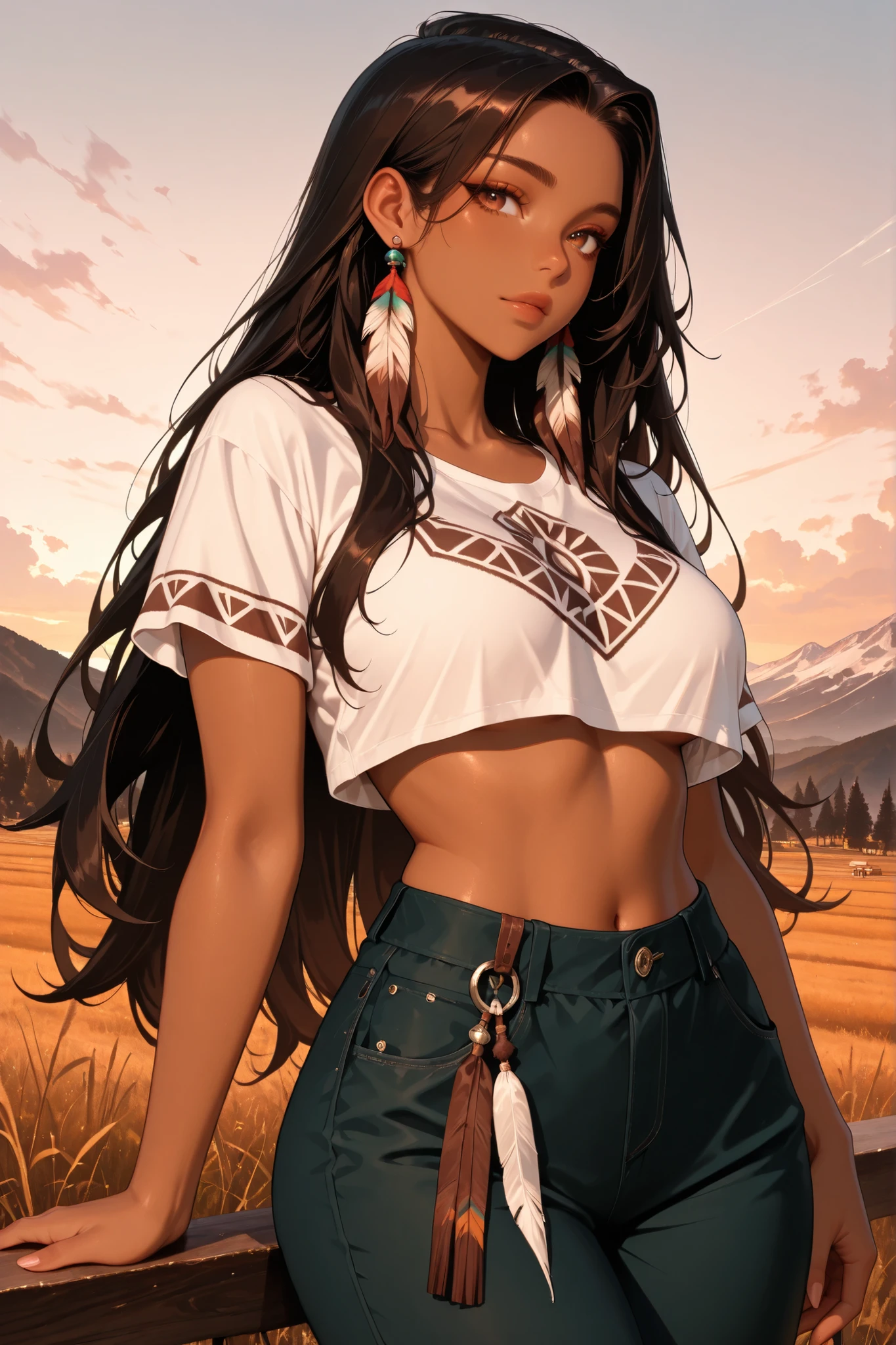 Native American Princess, stylish crop top, pants with tassel, mocha skin, brown eyes, showcasing the epitome of stunning beauty,class and pride, best quality, ultra-high resolution, masterpiece, long dark hair ,masterpiece, best quality,absurdres 