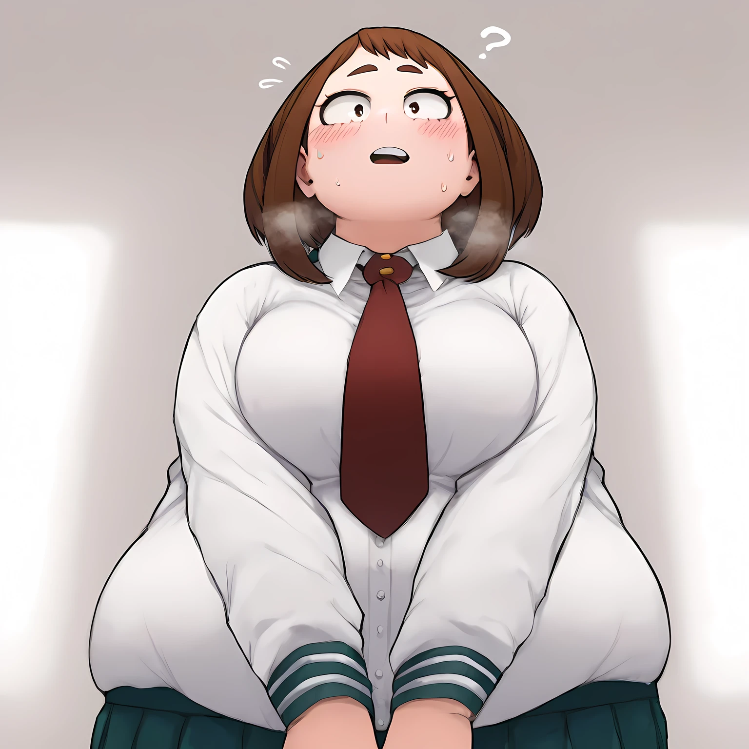 1girl, solo, portrait, uraraka ochako, red necktie, white shirt, school uniform, standing, v arms, 
masterpiece, best quality,  ihshok full body shot, bulging belly, fat, chubby, obese, open mouth, out of breath, l, confused, blush, {flustered}, nervous sweating, portrait, , averting eyes, [looking away], straight-on, from below, swollen face, masterpiece, best quality, ultra-detailed, high resolution, 8K,  pov belly, 