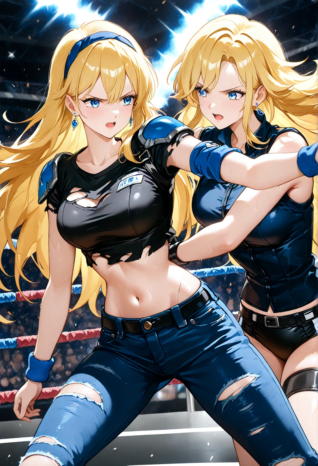 A blonde beauty and a woman with navy blue bobbed hair are fighting.