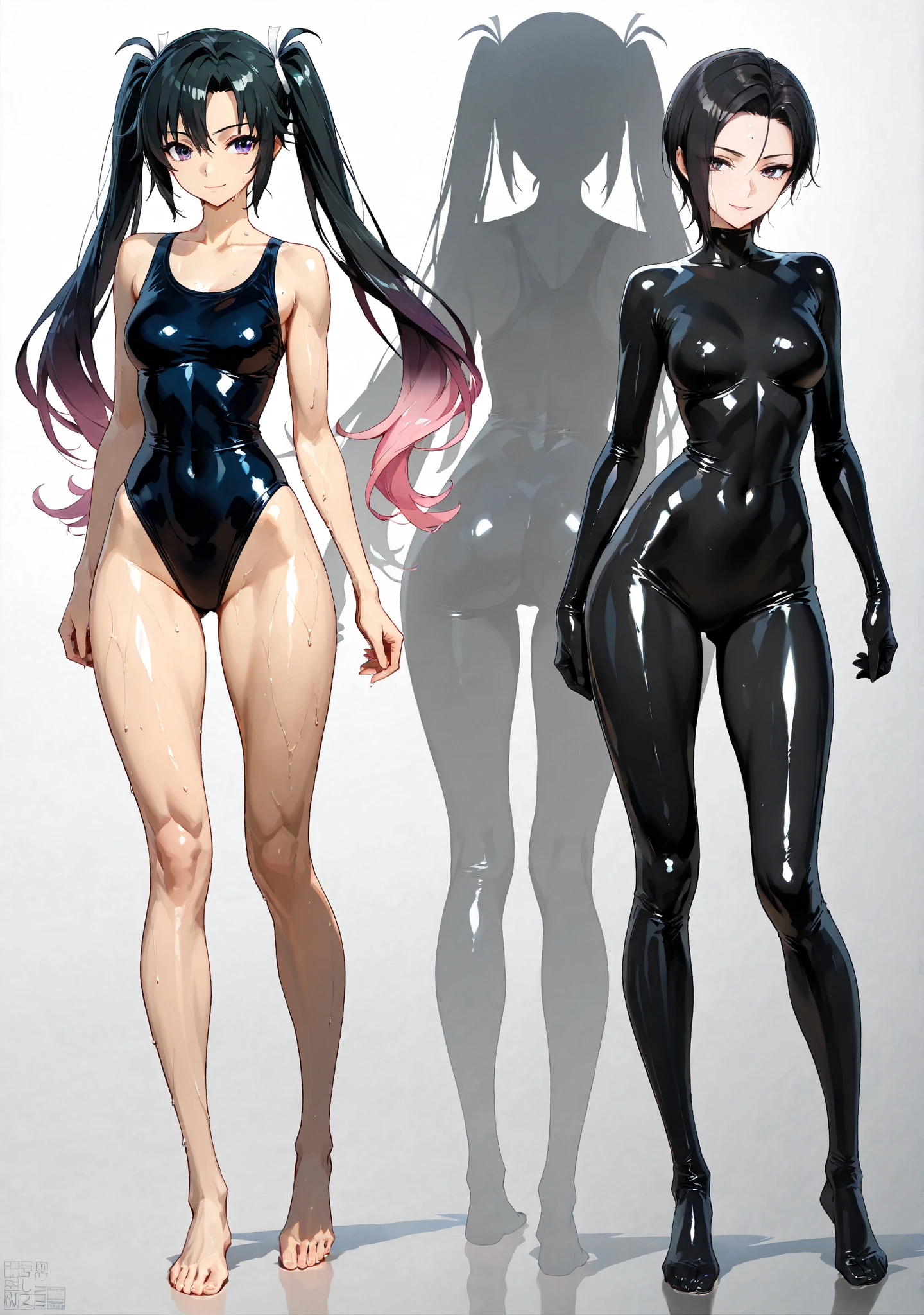 Allalyn stands on the floor in a shiny purple suit, latex shiny, Wearing a latex suit by Kudo Tsuko, wear a tight suit, smooth的紫色皮肤, purple body, shiny metallic skin, glossy plastic, futuristic glossy latex suit, glossy plastic armor, shiny skin, body-hugging suit, Wearing latex, shiny and metallic, glowing purple, smooth,coat, exoskeleton