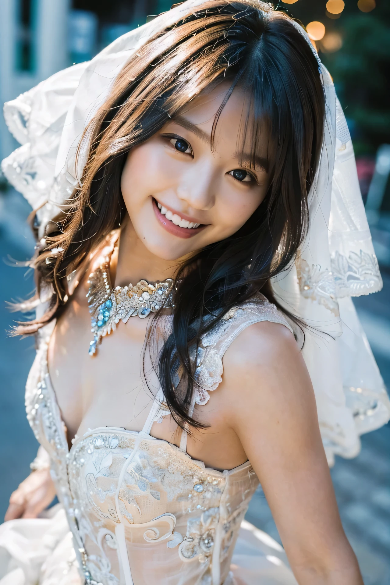 (Highest quality、Tabletop、8K、Best image quality、Award-winning works)、One beautiful bride、(alone:1.1)、(very pretty white sparkly wedding dress:1.2)、(A line wedding dress:1.2)、(long white gloves:1.2)、(holding a bouquet:1.5)、(Perfect Wedding Lace:1.2)、(The most gorgeous and luxurious giant tiara:1.1)、(The most extravagant and luxurious giant necklace:1.1)、((Look at me with your best smile:1.5))、((View your viewers:1.5))、((Looking into the camera:1.5))、A wide selection of the finest jewellery、Cowboy Shot、Perfect Makeup、Long eyelashes、Ultra HD Shining Eyes、Ultra HD Hair, 38 years old、((Skinny:1.7))、((flat chest:1.8))、((slender body:1.5))、((Medium sized breasts:1.5))、Ultra-high resolution glossy lips、Ultra High Resolution Perfect Teeth、Super high resolution beautiful face、(Accurate anatomy:1.1)、(Very bright and beautiful skin:1.2)、(very bright and vivid:1.2)、((Perfect beautiful bridal hairstyles))、(A gorgeous and elegant church:1.2)、(A gorgeous and beautiful church:1.2)、(Front facing body:1.1)、(The most romantic atmosphere:1.1)、(Strongly blurred background:1.1)、(Calm and warm lighting:1.1)、