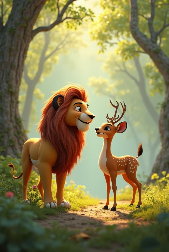 A lion talking with deer