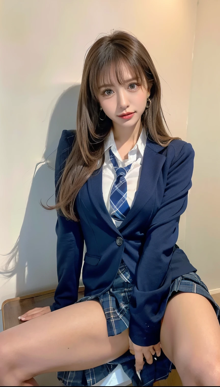 歩道でsquatかわいい18歳の女の子,Red Tie Uniform,Dark Blue Blazer,Blue checked mini skirt,bangs,A small smile,Thighs,knees,Random Pause，pretty girl，Slender girl，squat，
