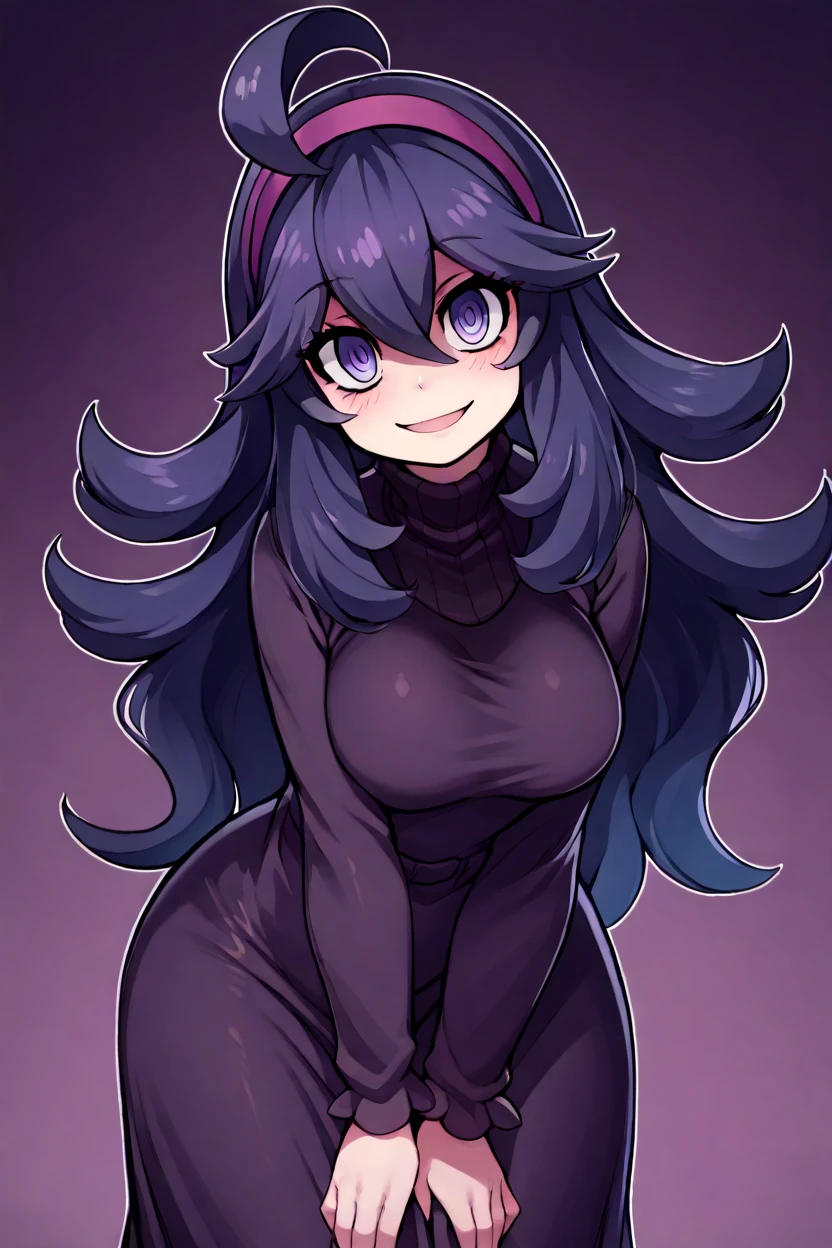 ((masterpiece,best quality)), <lora:Hex_Maniac_Pokemon_v2:0.5>, hex maniac (pokemon), @_@, ahoge, aura, black dress, dress, drooling, dutch angle, fingernails, flipped hair, hair between eyes, hairband, head tilt, long dress, long hair, long sleeves, looking at viewer, nail polish, open mouth, pokemon xy, purple hairband, sitting, smile, spread legs, turtleneck,