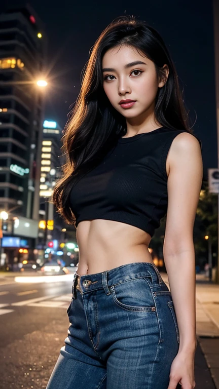 a cute young asian girl with dark skin, glasses, beautiful detailed eyes, beautiful detailed lips, extremely detailed face, long eyelashes, tight blue jeans, tight crop top, mid sized butt, high heels, looking at camera, detailed background, cinematic lighting, warm colors, photorealistic, 8k, high quality, digital art