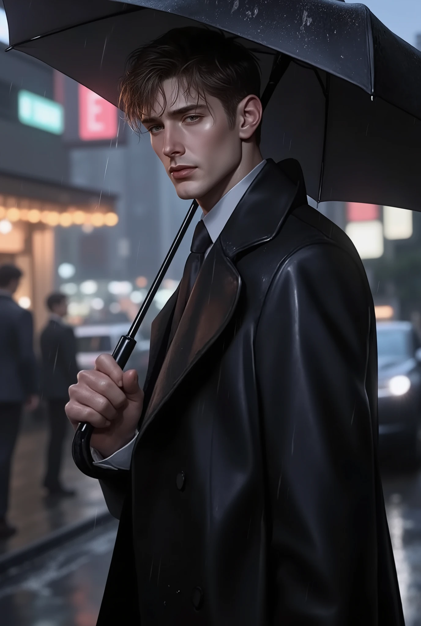 Full angle. He is a young charismatic man. He is 33 years old. His appearance: tall, muscle, diamond jawline shape, hooded eyes, droopy nose shape, downward turned lips, golden brown fringe hairstyle. He is wearing a suit with coat. He is standing with holding umbrella. The background is on the sidewalk with drizzling at night. Illustration 4D, skin texture, photography