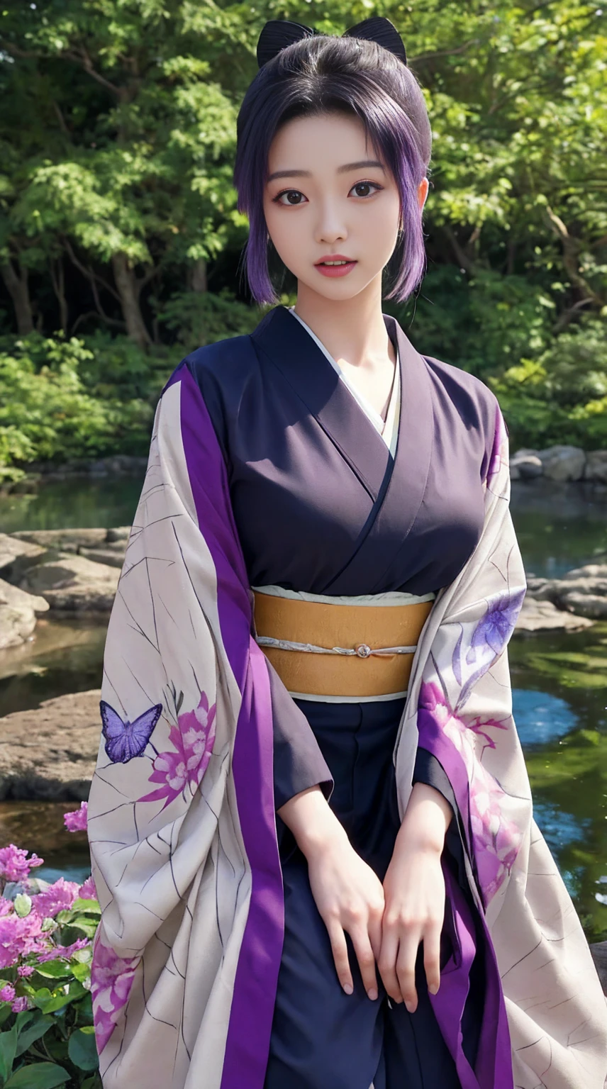 最high quality、high quality、Best image quality、8k、最High resolution、High resolution、最high quality、masterpiece、RAW Photos、whole body photos、Detailed and realistic human body、Detailed and realistic skin、Realistic face in every detail、Detailed and realistic eyes、Detailed and realistic lips、Detailed and realistic teeth、Detailed and realistic ears、Detailed and realistic hair、Realistic reproduction of every detail、Realistic fingers in every detail、(Perfect and beautiful hands、thumb1reference4)、Realistic feet down to the last detail、((Beautiful Japanese Girl))、(Japanese Model)、((1 beautiful girl))、((A girl who looks like Shinobu Kocho)、(Purple Hair)、(Straight hair)、((whole body))、(Slim and perfect figure)、(whole body glossy skin、Fair skin)、Soft natural light、China dress、kimono、Ninja costumes、Japanese tradition、Japanese garden、((Colorful Leather(Floral kimono))、((Kimono that sticks to the skin))、((Natural poses in the garden to make your thighs look beautiful))