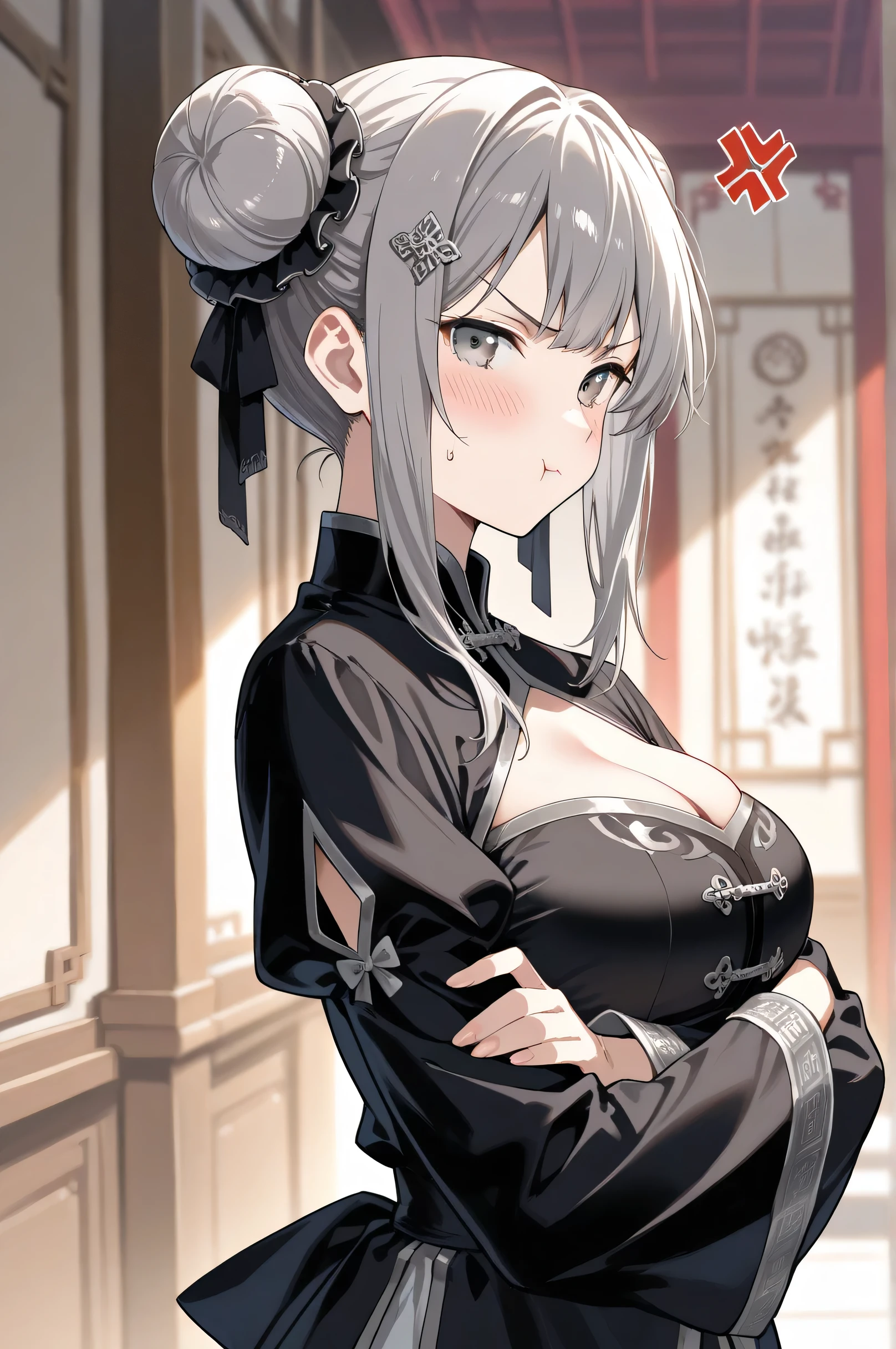 20 years old,1 mature woman,hyperrealistic, 8k, (extremely detailed 8k), (very delicate and beautiful), (masterpiece), (better quality:1.0), (ultra high resolution:1.0), (masterpiece, best quality),cute,white hair,cowboy shot,white background,realistic skin,Chinese dress,big breasts,angry,black nail,double hair buns,Combat Readiness

