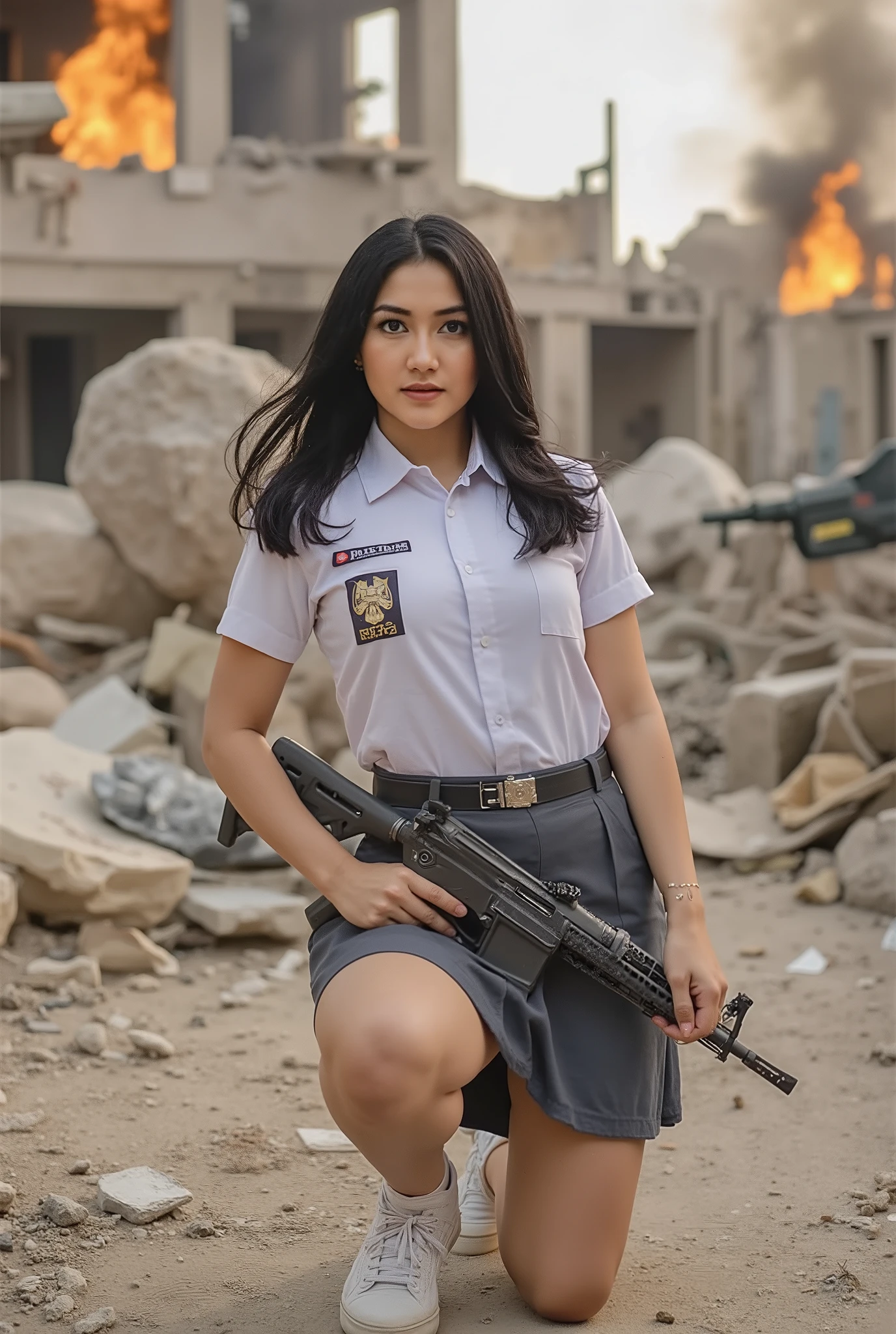 (masterpiece, best quality, ultra realistic, 4K, cinematic lighting, dramatic scene, powerful female warrior, full body, kneeling on one knee in a ruined warzone, rubble and debris around, glowing fires in the background, city destroyed, dry and dusty battlefield, futuristic ruined skyscrapers, fierce expression, challenging pose, holding a modern assault rifle, wearing indonesian senior high school, high heels, long wavy hair blowing in the wind, elegant earrings, smoky makeup, fierce but feminine, huge bearsts,confident and dramatic, beautiful lighting and atmosphere, cinematic action shot