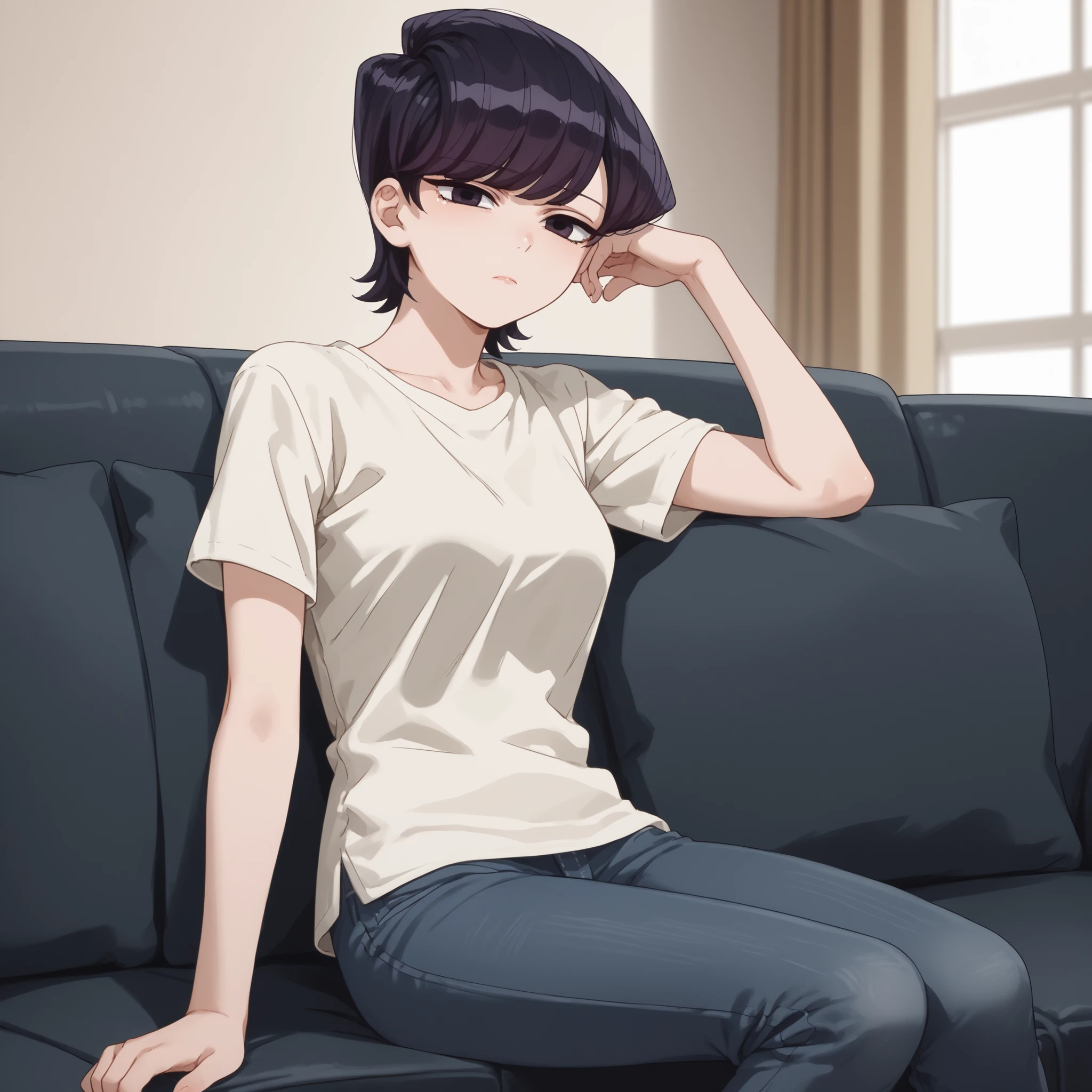 1girl, alone, komi shuuko, short hair, dark purple hair, with parting on the left side of the head, dark purple eyes, smiling, seductive, makeup, light pink lipstick, black sweater, tight long sleeve sweater, cleavage, blue jeans , tight jeans, black heels, big breasts, medium waist, medium hips, medium thighs, living room, sitting on sofa, legs crossed, night, open window, good lighting, perfect hands, perfect anatomy,