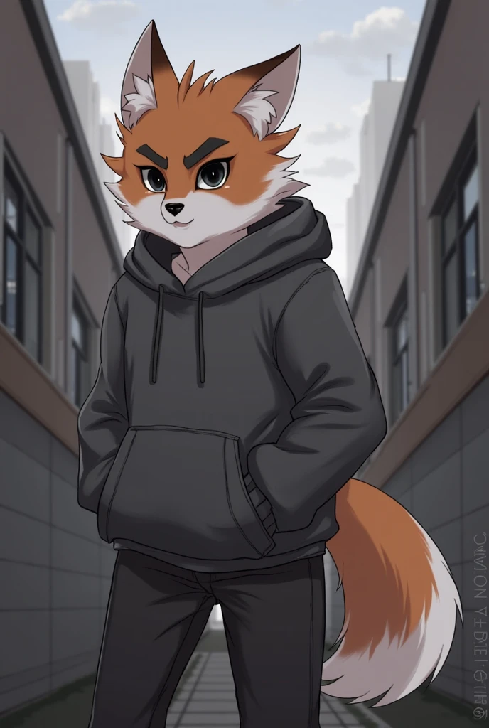 masterpiece:1.2, best quality:1.2, 2D:1.2, sharp:1.2), (hotify), perfect anatomy, perfect eyes, perfect background, (male, solo, full body shot), (evening_environment), (city), (street), beautiful shadows and lights, volumetric lights, feminine male, femboy, zoroark, white fur with red highlights, green eyes, baggy black sweatpants, oversized croptop hoodie, bulge in the crotch of the pants, bulge, thick thighs, curvey hips, exposed midsection,
