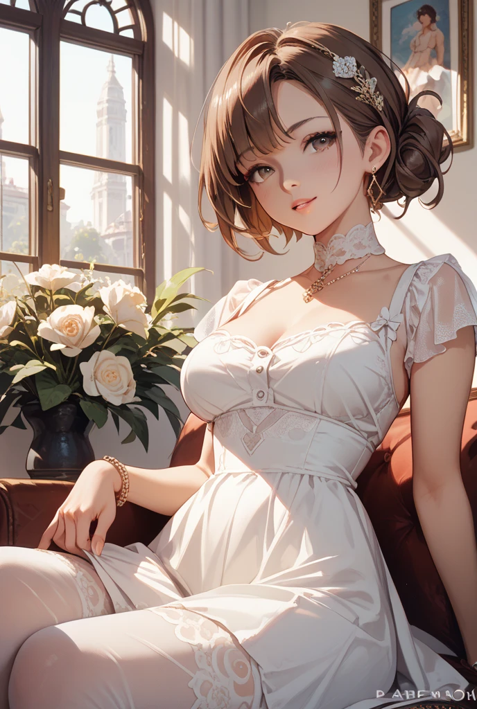 (On a table, number art, Digital illustration, 4K, 8K, ultra - detailed, Beautiful image, Sharp Images, realistically, RAW photos, is a perfect face, Perfect lines, perfect  eyes, gentlesoftlighting) 1人の女性, (Light brown hair,hair-bun,innocent look,droopy eyebrows,Teary eyes,with a round face,Round Chin、pure,Cute little turtle,largeeyes,natural makeup,smile kindly,E杯,23-year-old female:1.3),Two handsome guys in suits, (human character,Man in suit,Muscular,Shoulders broad and firm, Man's,Childlike hairstyles,man in his 30s，The expression is grim,28-year-old man，The smile is bright:1.2),antique furnitures,ancient antiques,antique chair,Chandeliers,crystal glass,Luxury,dreamy light,marble fireplace,(embarrassed from,Smile shyly,White lily bouquet:1.2),antique sofa,a leather sofa,this kiss、kisses、A couple、couple kissing、𝓡𝓸𝓶𝓪𝓷𝓽𝓲𝓬、Plain white dress、Weddings、gender、soaked pubic hair、 、Overflowing、A slight smil、cute little、report,Full body painting,(a woman and a man,possessed :1.5),(human character, Man's,rub girl&#39;S:1.2),Cheek staining、Panting Face、embarressed、Noudi、begging、Not in the mood、Greedy expression,soaked pubic hair、 xen、Open your crotch、Cheek staining、Panting Face、embarressed、Noudi、begging、Not in the mood、Greedy expression,soaked pubic hair、 xen、Open your crotch、revcowgirl、Boroli、Chest fluttering、lace underwear big breasts、Take off your underwear、pure pubic hair、Roll up the hem of your pajamas、Public area display、Plugins、 quilt、After stripping off and exposing inner clothes、licking ear、Ella、My fingers are wet.....................、Glowing face、Soaked with sweat、