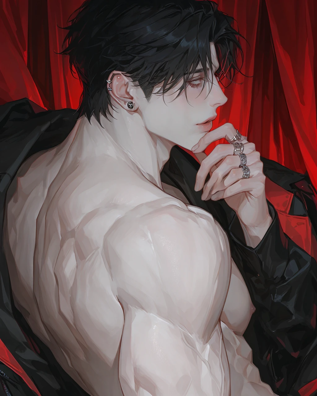 masterpiece, high quality, luci\(obeyme\),Luci_(Demon_),male_focus, solo, 1boy, red eyes,<lora:ObeyMe_Luci:0.6:1,0,0,0,0,0,0,1,1,1,1,1,0,0,0,0,0>,looking at viewer,((pov)),dutch angle,incoming hand,pov hand,collarbone,pectorals,abs,evil smile, from below, grabbing viewer, glove biting