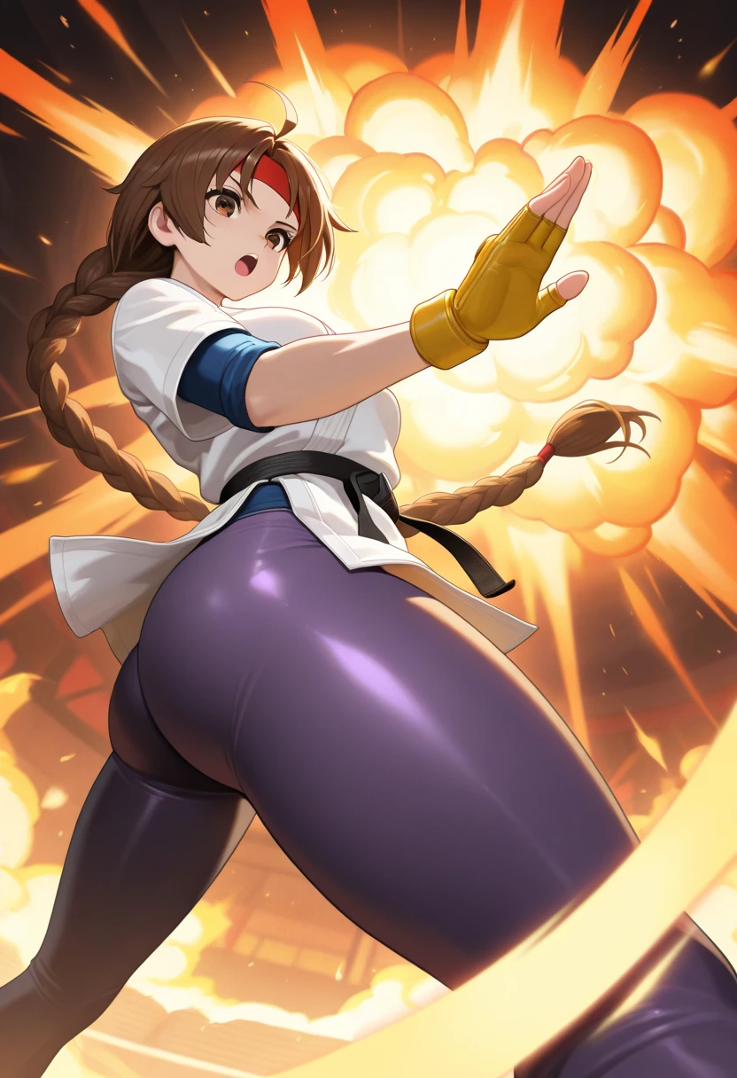 mixed_artstyle, 1 girl, Alone, hands, Asian, short black sleeveless t-shirt, black pants, short black hair with red highlights, red eyes, High quality images, Style (Avatar the Last Airbender), Controlling the elements, fighting pose, fire, water, air, earth, ass