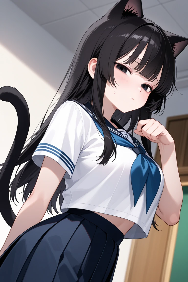 Solo female,Furry,Tuxedo cat,Yellow eyes,black long hair,,A turquoise hairband ,White t-shirt,Blue skirt,school sailor uniform,Black capri tights under the skirt