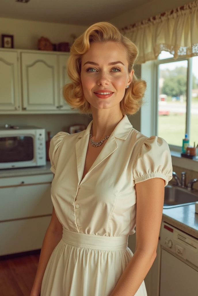 Newyork, 1952. A young american white girl, 23-year-old, blonde hair, strikingly beautiful, delicate facial features, porcelain skin, expressive eyes, in the hotel, ((awe and joy expression)), ((((clothings from the 1950s)))), ((hairstyle of the 1950s)), colorful, a picture
