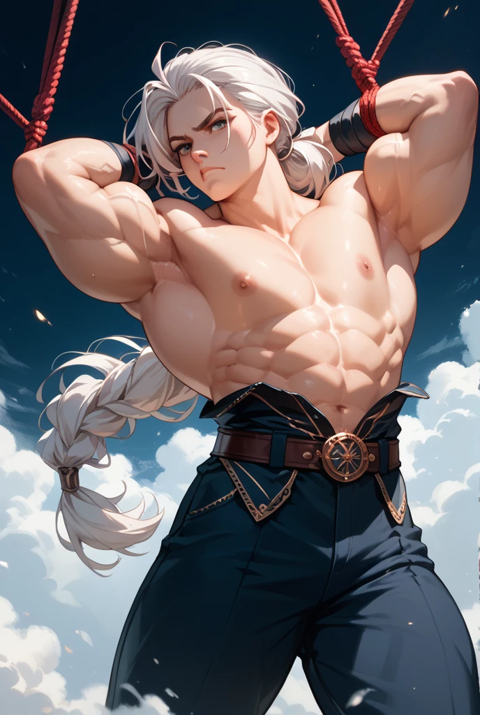 (Masterpiece, best quality), ผู้man, Wear miniature strap ((White Gold Microfiber:_pattern_design_strap_Sweating_Big pecs_Wet all over.)) , bioluminescence_water_word, wide angle, ร่างกายstrongแรง, man, shiny_skin, muscle,perfect human structure,silver eyed orange,Nail shape, Given expression, small waist, wide chest, stalwart , illustration, watercolor ink sketch,(Big bulge),(large eggs),Japanese radish,legs apart,dick,((Crotch up)),((Thick body hair)),(hand touching crotch),Armpit hair,(View from the bottom up),rounded bottom,Your hips are forward.,((soaked clothes)),strong,(There are many in the body.),butterfly,((very detailed, ขาที่very detailed, อาวุธที่very detailed, very detailed face, Eyes with perfect details, Perfectly detailed anatomy)),(Broad shoulders), sit, Bikini Wear,