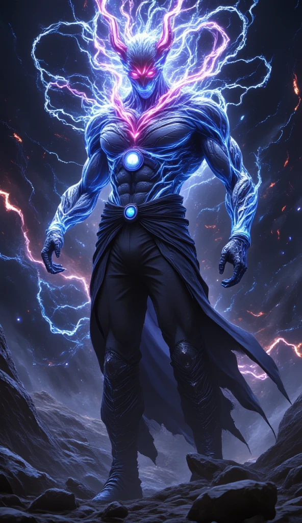 1boy,fit and muscular body,white color hair, stands confidently. He is wearing a stylish, dark jacket with intricate purple patterns over a light blue shirt. He has a serious expression and a necklace with a pendant, high detailed, 8K, masterpiece.