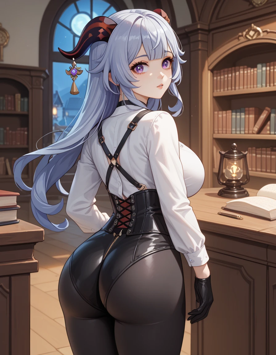 Thicc ass, excellent background, room, schoolgirl, miniskirt, pov grabbing hips, blue hair, necktie, gloves, thigh highs, long sleeves, hairban