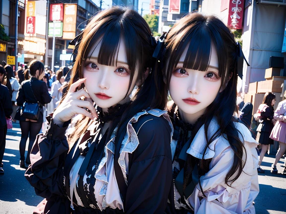 ​masterpiece、最hightquality、hightquality、Top image quality、8K、最hight resolution、hight resolution、Best Quality、Raw photo、in group photograph、realisiticな雰囲気、(Detailed face)、(Detailed hand、Thumbs１References４)、(Japanese beauty )、Very nice face、Beautiful face、((multipel Girls))、((２People Girls))、((embracing each other２People Girls達))、((Beautiful japanese girl))、(A Japanese Lady), ((18 year old beautiful girl))、(Lustrous black hair)、(Long straight hair)、fullllbody、(small breasts with rounded upturn)、Athlete Body、(shinny skin)、(Fair skin)、realisiticな人の肌、realisiticな人体構造、Perfect body， face perfect， perfect hand， Perfect Finger， Perfect lips， perfect  eyes，perfect teeth、Perfect background， perfect vibe， Professional quality， Perfect Photo， hightqualityのオクタン価レンダリング， hightqualityのベクター， ultra - detailed，Clear skin，looking in camera、(realisitic、Photorealsitic:1.37)、natural soft light、photon maping、２Heavy eyelids、 The shape of the nipples is clearly visible、The shape of the pubic area is clearly visible、in tokyo akihabara、on the road、In the crowd、((transparent random color metallic(Gothic Lolita Costumes))、Random close-ups