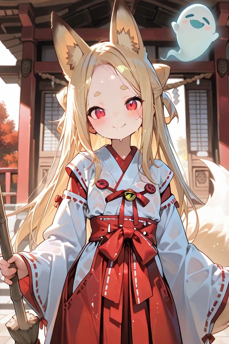 Highest quality、Small breasts、Lori、Red kimono、choker、Fox ears、Long blonde、shrine、Grinning