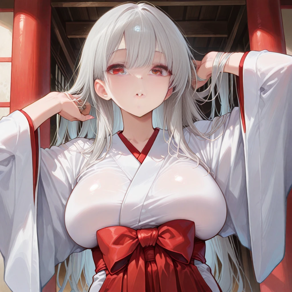 mastute piece,Best Quality,insanely detailed,8k cg,nsfw,
(shoot upper body:1.3),
(1girls:1.3),standing,looking at viewr,body in front,both arms behind back,(shrine-maiden-costume:1.3,red-hakama),(bare breasts:1.1),(bare nipples:1.1),
break,
blush,shy,(ecstasy face),(trembling:1.2),break,(light gray hair:1.2),
break,
perfect breasts,perfect teats,(open mouth:0.9),(large breasts:1.2),
(shrine)