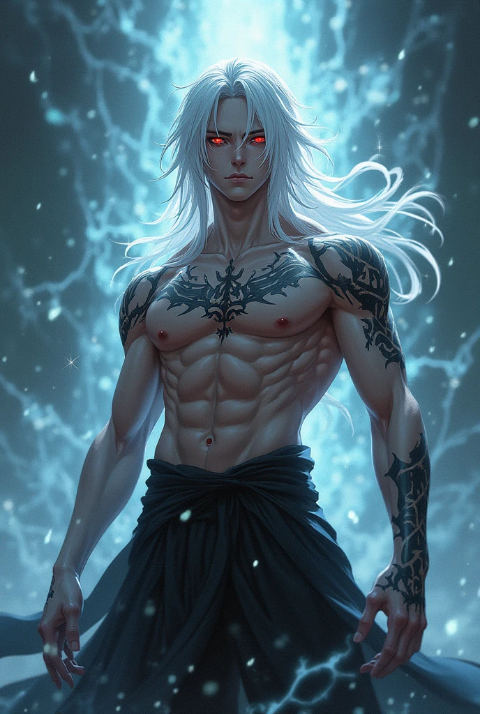 a male anime character with yellow hair and red eyes in red and yellow otfit, character album cover, full art, antasy character, full art illustration, full portrait of elementalist, character profile art, official character art, official character illustration, merlin, high detailed official artwork, game key art, omoide emanon, oz, mobile game art, fangs, smurk, white hair, muscular body, walking pose, white clothes.