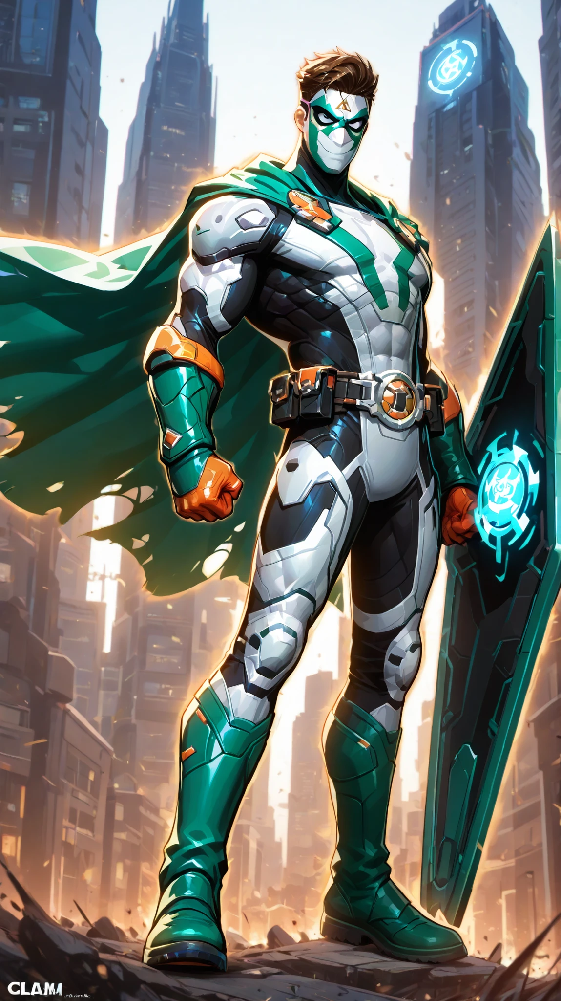 high quality, 8K Ultra HD, A 2.5D sony animation style 30 years old indian superhero character standing in a dynamic pose, handsome face, nice brown haircut, bright black eyes, calm, wearing a white thick kevlar bodysuit with a dual colour mask- half orange and half green. He's wearing a dual colour cape- half orange and half green. holding a green colour triangular shield with one big orange stripe horizontally aligned on the shield with blue circular emblem, black utility belt with round emblem, orange gloves and green boots, muscular and ripped tall body, fair white skin, city background at daylight 