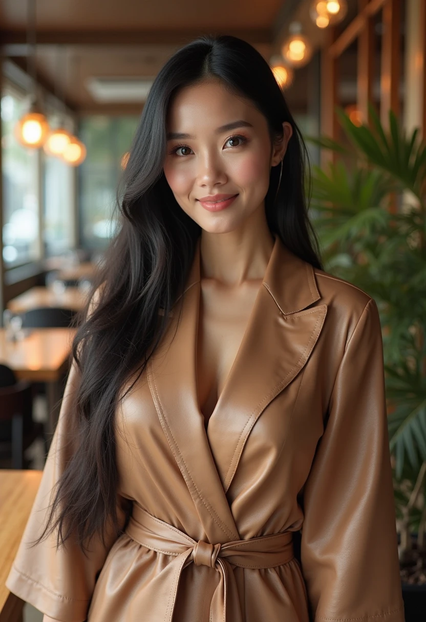 Half-length glamour portrait, nikon D850, f1.6 lens, 200mm, DSLR, 22 Megapixels, (((Tree-lined pathway in an urban park scene))), shot of a stunning 19 years old korean girl, (smile:1.4), (wearing light brown leather skirt with cream silk blouse and matching blazer:1.6), ((seductive pose)), hot girl, (((big natural breasts))), (((black fringe hair))), (small girl), symmetrical face, photorealistic, photography, (bright natural lighting), gorgeous, deep cleavage, (masterpiece), best quality, high resolution, extremely detailed, cinematic lighting, (((very narrow waist))), rich colors, hyper realistic, lifelike texture, ((jewelry)), (((She has beautiful hands and wears rings))), (bracelet), (necklace), (ankle chain), (nail polish) (earrings), Fuji Superia 200, 8k