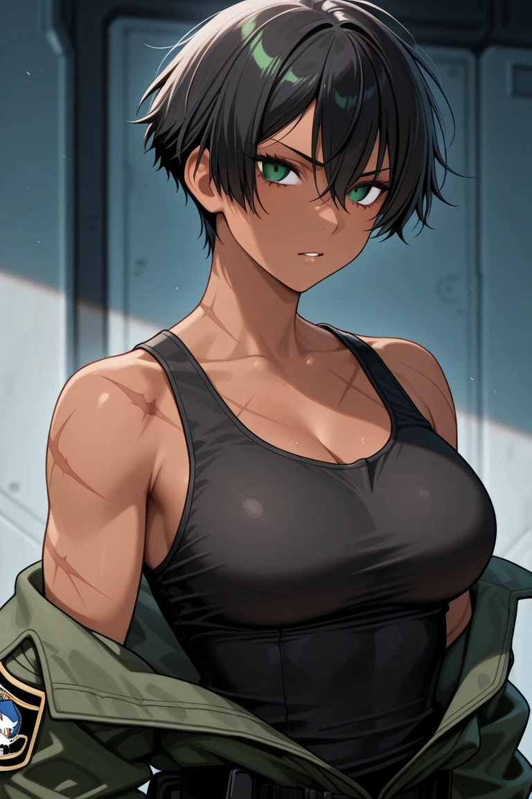 1girl, dark skin female, very muscular body, short hair black, blue eyes, Black sleeveless shirt, extremely muscular body