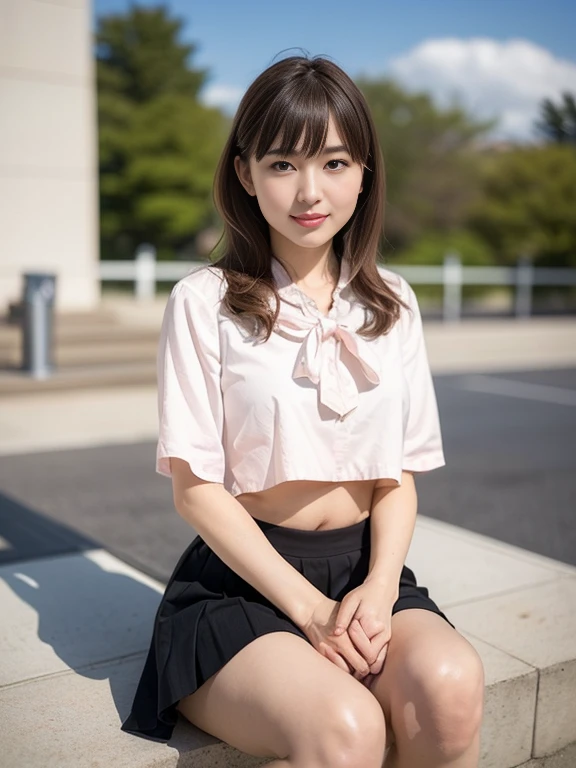 (Highest quality, 8K, masterpiece:1.3)), concentrated:1.2, Perfect Body Beauty:1.4, Hips:1.2, ((Layered Haircut, chest:1.2)), (Sunny park street:1.3), Bandeau dress: 1.1, Highly detailed face and skin texture, Beautiful Eyes, double eyelid, White skin, Long Hair, (shut up: 1.3),Checked mini skirt,Navy blue knee socks,White slim shirt,Kneeling and looking up from below,