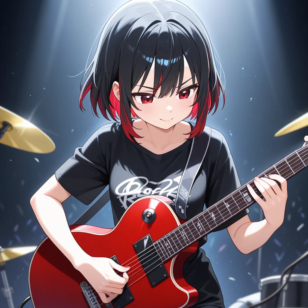 azusa nakano, nakano azusa, (black hair:1.5), (brown eyes:1.7), smile,long hair, twin tails,small breasts, black t-shirt,pleated skirt, break (table top:1.2), (masterpiece:1.2), highest quality, High resolution, unity 8k wallpaper, (shape:0.8), (beautiful and detailed eyes:1.6), highly detailed face, perfect lighting, Very detailed CG, (perfect hands, perfect anatomy),rock band concert, musical instrument performance, stage performance, hot air,happy atmosphere,スタンドマイクの前でguitarをを弾きながら熱唱,guitar(red mustang),sweat on forehead,汗ばんだblack t-shirt,open your mouth and sing,